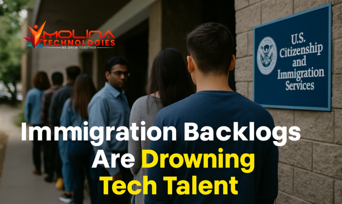 Graphic depicting immigration documents and a diverse group of IT professionals, symbolizing strategies for US tech careers.