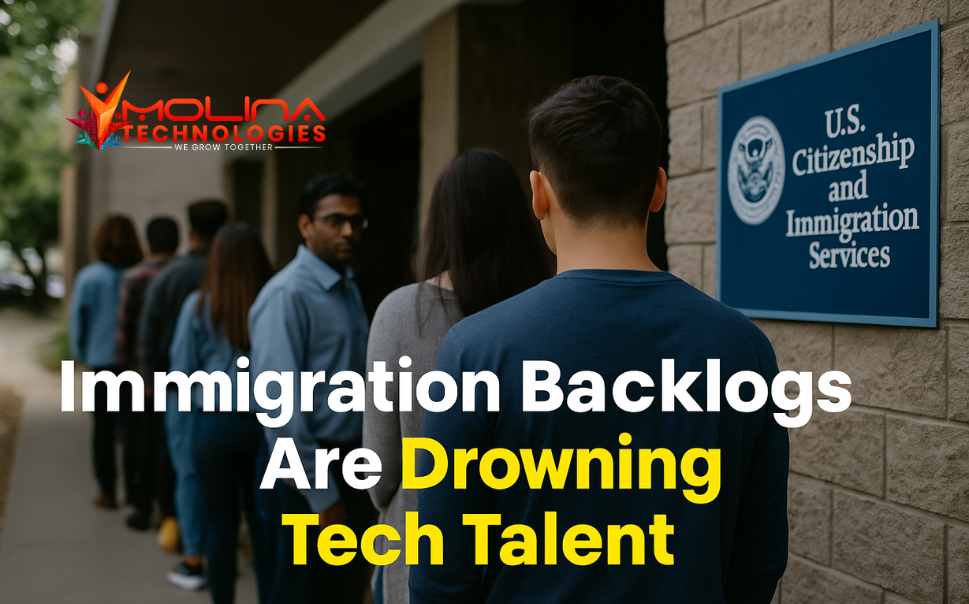 Graphic depicting immigration documents and a diverse group of IT professionals, symbolizing strategies for US tech careers.