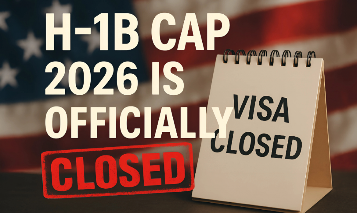 Official USCIS H1B cap announcement for Fiscal Year 2026, with immigration documents and a red stamp, symbolizing the visa limit has been reached.