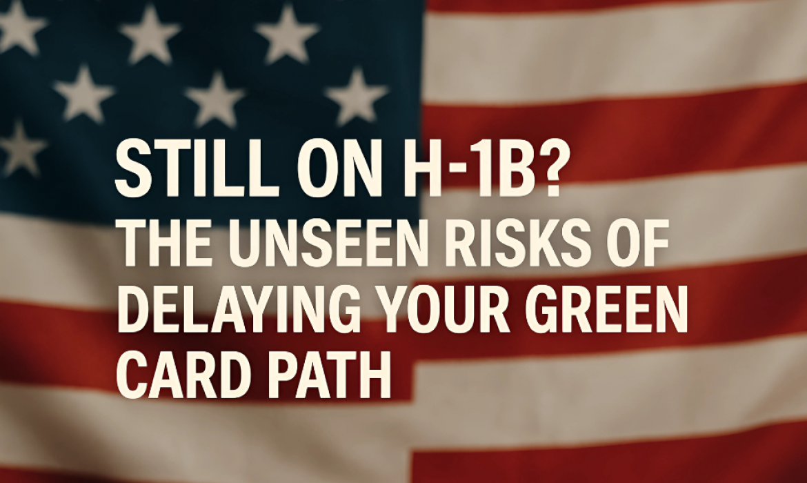 Illustration of an H1B visa stamp next to a Green Card, connected by a clear pathway or bridge.