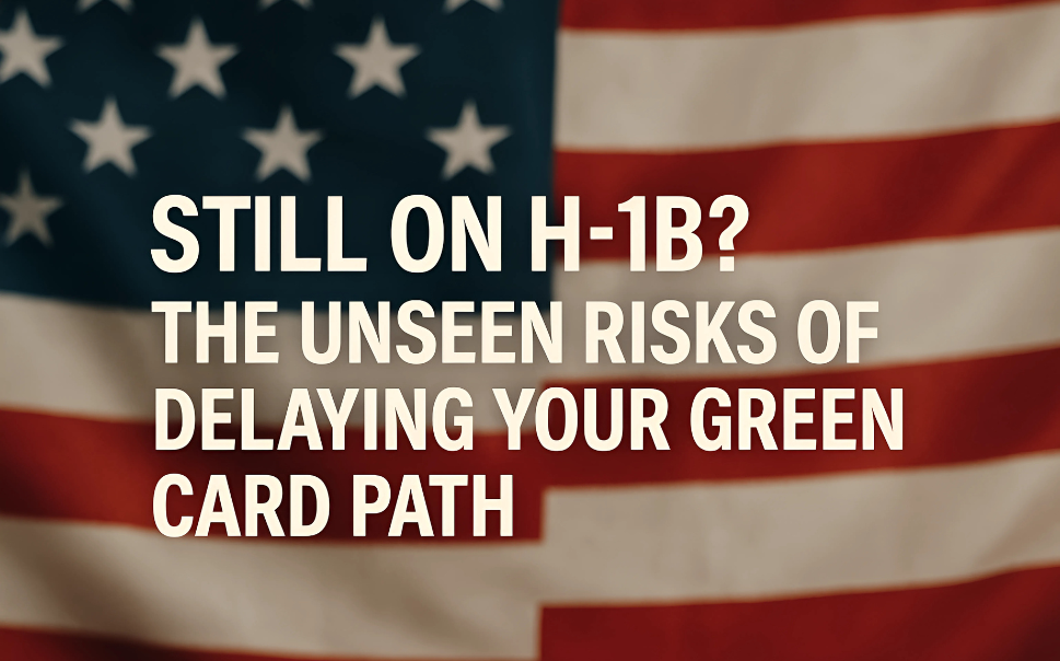 Illustration of an H1B visa stamp next to a Green Card, connected by a clear pathway or bridge.